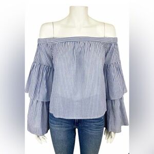 Rebellion Blue and White Off-Shoulder Bell Sleeve Blouse Sz Large